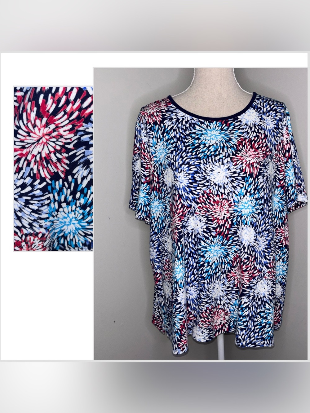 Kim Rogers blue & red dahlia floral fireworks short sleeve tee shirt size 2X